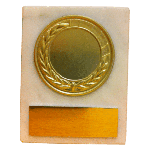 Marmorplakett med kransjetong i metall, guld silver brons 54x75mm